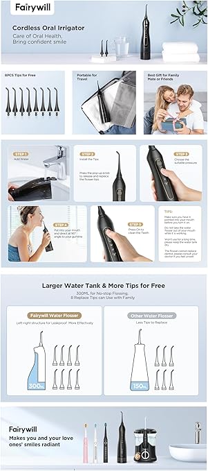 Professional Cordless Water Flosser – Portable and Waterproof with 300ml Reservoir for Easy Oral Care