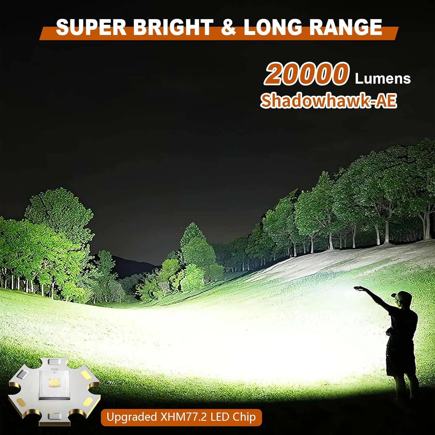 Shadowhawk Flashlight Rechargeable Torch Light, 20000 Lumens Flash Light Led flashlights Tactical, XHM77.2 Led Torch Light High Power, USB Handheld Powerful Torches for Camping Hiking Emergency