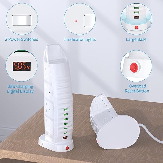 BEKHOM Extension Lead with 8 Way Outlets and 2 USB Ports (Type C and USB) - 3.6A Multi Plug Extension Socket with Switches, 2M Cable, Vertical Power Strip