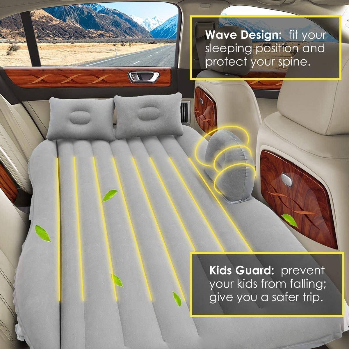 QUEES B03 Inflatable Car Air Bed with Electric Pump and Pillows - Portable Back Seat Mattress