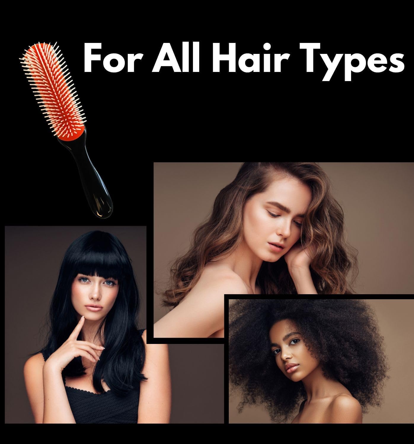 Adak Hair Brush for Women Men, Curly Wet or Dry Hair. 9 Row Brush for Detangling, Separating, Shaping