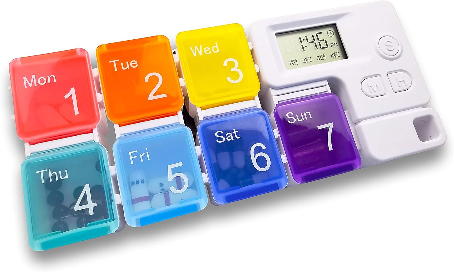 Digital Rainbow Pill Organizer with Alarm Timer; Never Miss a Dose! Smart 7-Day Medication Reminder for Seniors, Athletes, and Travel.