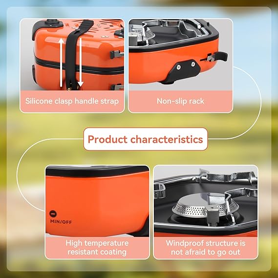 Foldable Camping Stove Portable Propane Camp Stove for Camping, Backpacking With 17,000 BTU 2 Adjustable Burners Piezo Ignition for Outdoor BBQ (Orange)