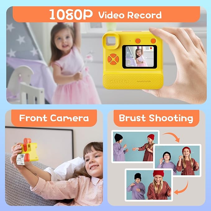 Kids Instant Camera 1080P Kids Camera Instant Print No Ink Printing Digital Camera 180°Flip Lens For Girls Boys