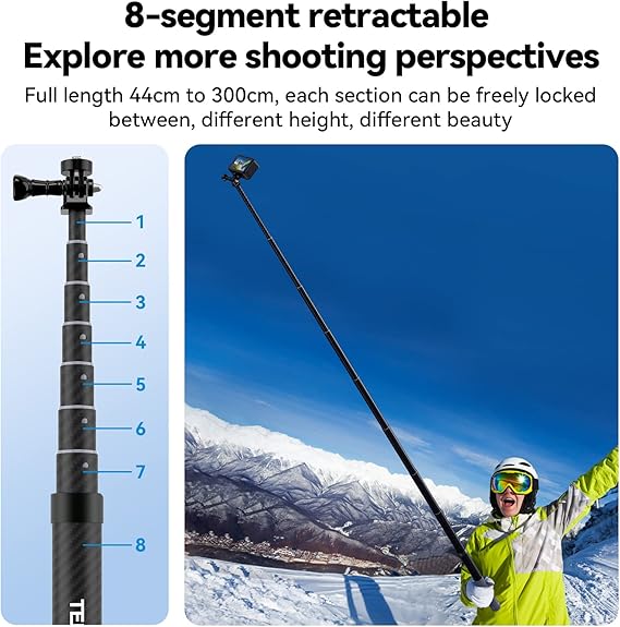 TELESIN 3rd Gen 3 Meter Ultra Long Carbon Fiber Selfie Stick for Action Camera, Waterproof Underwater Monopod for GoPro, DJI Osmo Action, Invisible Stick for Insta360 ONE RS, ONE X3-300CM