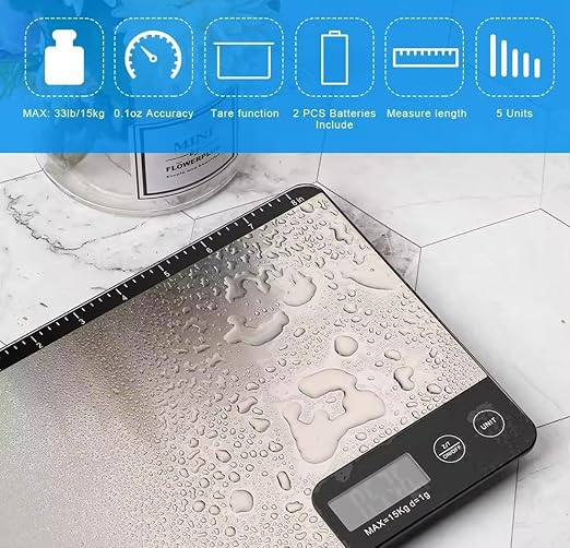 Adak Digital Kitchen Scale, 2 Years Warranty, Stainless Steel for Baking & Cooking Healthy Food, 15Kg Capacity, Measures in Grams and