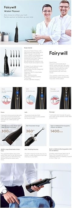 Professional Cordless Water Flosser – Portable and Waterproof with 300ml Reservoir for Easy Oral Care