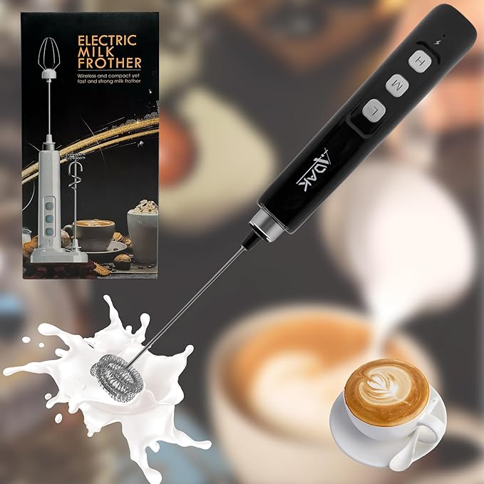 ADAK Electric Handheld Milk Frother, USB Rechargeable, White, Stainless Steel and Plastic, 2.5W, With Stand and Charging Base, for Coffee, Tea, Milk, Baby Food