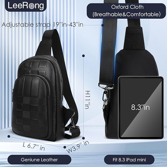 LeeRong Fingerprint Unlock Anti Theft Proof Crossbody Bag Men for Travel Genuine Leather Purse Waterproof Large Sling Bag for Men Multi-pocket Black Backpack