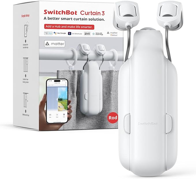 SwitchBot Smart Curtain Opener – Bluetooth Remote Control with App/Timer, Upgraded Motor, Compatible with Alexa, Google Home, and HomeKit (Curtain 3, Rod)