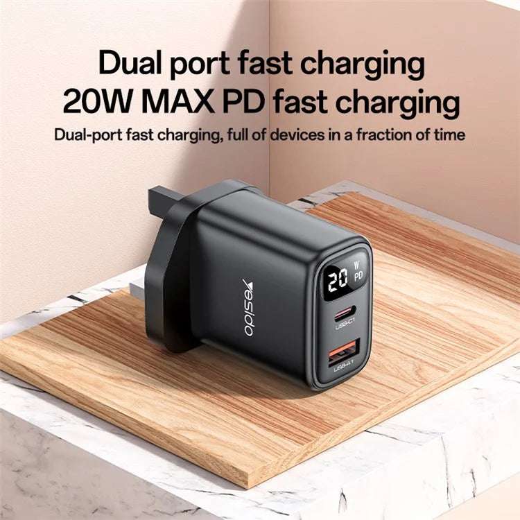 yesido YC87 PD 20W Fast Charging Dual Port Smart Digital Display UK Digital Wall Charger