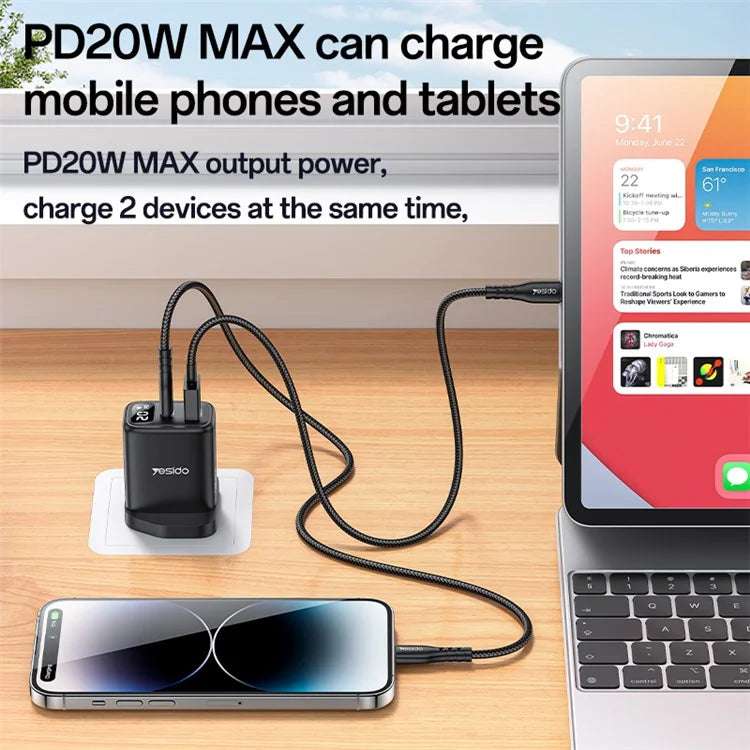 yesido YC87 PD 20W Fast Charging Dual Port Smart Digital Display UK Digital Wall Charger