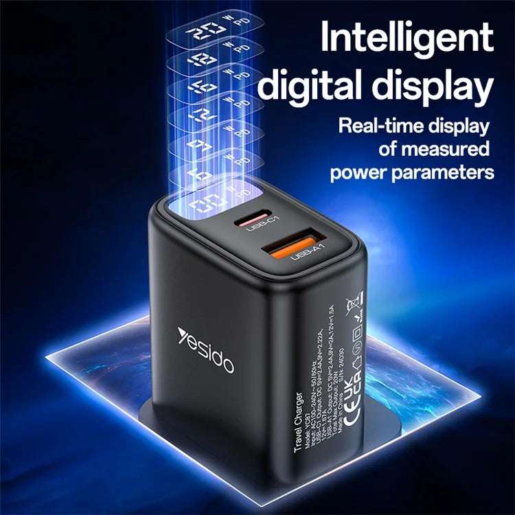 yesido YC87 PD 20W Fast Charging Dual Port Smart Digital Display UK Digital Wall Charger