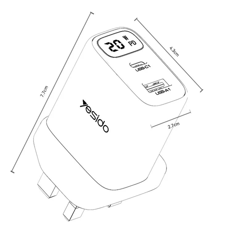 Yesido YC87 PD 20W Fast Charging Dual Port Smart Digital Display UK Digital Wall Charger