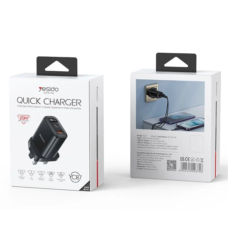 Yesido YC87 PD 20W Fast Charging Dual Port Smart Digital Display UK Digital Wall Charger