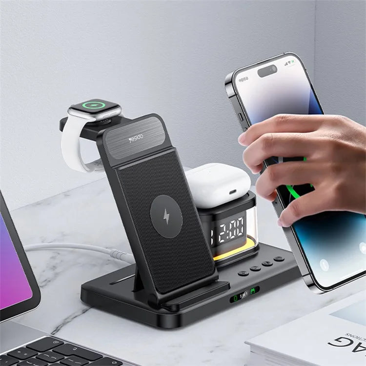 YESIDO DS22 3-in-1 Wireless Charging Station with Night Light and Clock for iPhone, Apple Watch, and Airpods