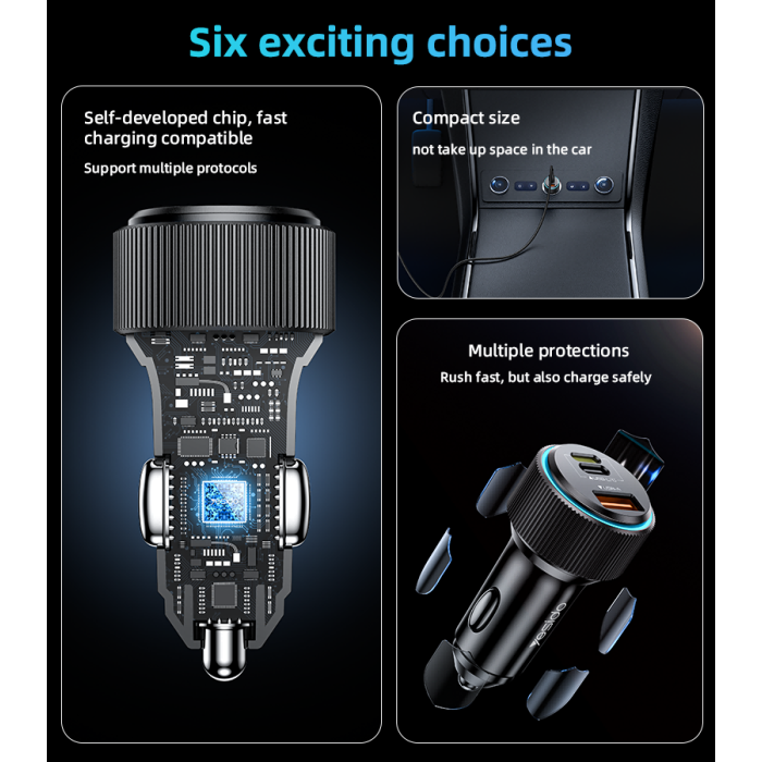 Yesido Y60 38W Car Fast Charger - Dual Port PD20W + QC18W, Aluminum Alloy + PC, Universal 12V-24V, Multiple Protections, Ring Indicator Light, Black