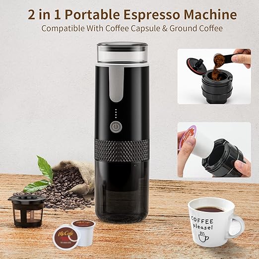 Portable Electronic Coffee Maker, Rechargeable Espresso Machine, Mini Car Coffee Make Using Ground Coffee & Espresso Pods