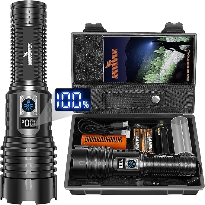 Shadowhawk Flashlight Rechargeable Torch Light, 20000 Lumens Flash Light Led flashlights Tactical, XHM77.2 Led Torch Light High Power, USB Handheld Powerful Torches for Camping Hiking Emergency