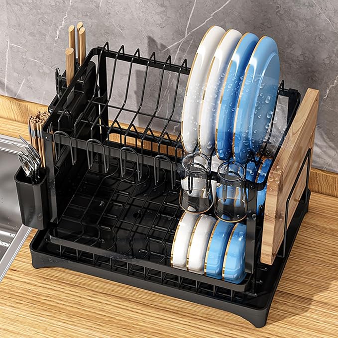 ADAK Dish Rack, Dish Drainers for Kitchen Counter, 2 Tier Dish Holder, Dish Draining Stand Rack with Water Guide Design for Bowls, Chopsticks, Dishes