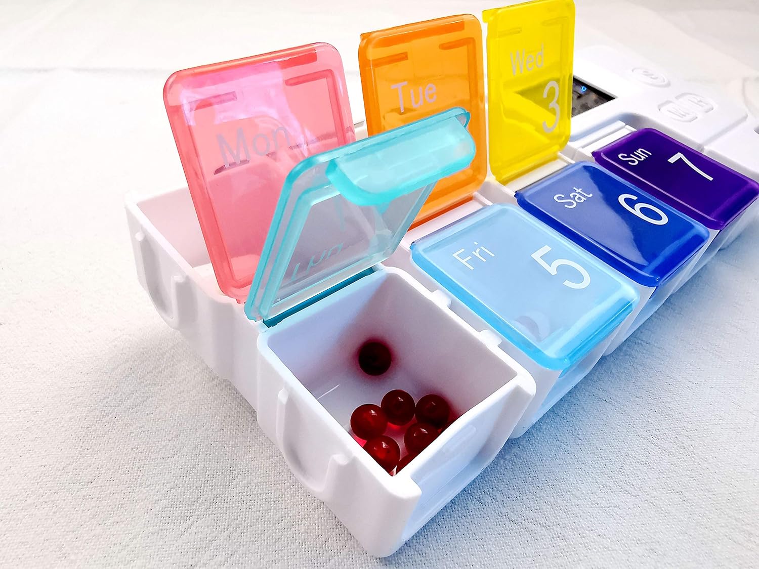 Digital Rainbow Pill Organizer with Alarm Timer; Never Miss a Dose! Smart 7-Day Medication Reminder for Seniors, Athletes, and Travel.