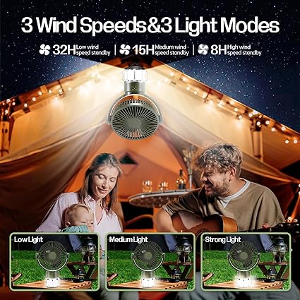 ADAK New Arrival 20000mAh Portable Camping Fan with LED Lantern - Battery Powered Fan for Tents, 8H Timer, 270° Rotation, USB Rechargeable Desk