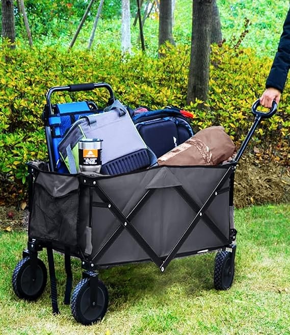 ADAK Collapsible Folding Wagon- Heavy Duty Utility Cart with 360° Rotating 4'' Wheels,150KG Load Capacity, Design for Camping, Beach, and Shopping- Durable Alloy, PVC,and Iron (Black) (FWT-2501B)