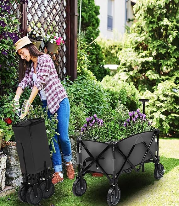 ADAK Collapsible Folding Wagon- Heavy Duty Utility Cart with 360° Rotating 4'' Wheels,150KG Load Capacity, Design for Camping, Beach, and Shopping- Durable Alloy, PVC,and Iron (Black) (FWT-2501B)