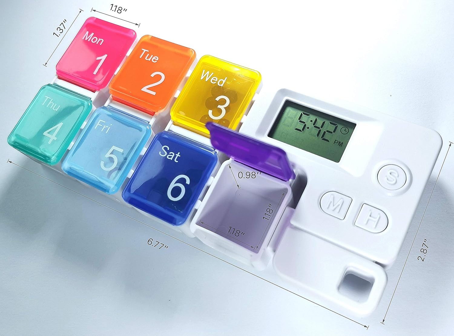 Digital Rainbow Pill Organizer with Alarm Timer; Never Miss a Dose! Smart 7-Day Medication Reminder for Seniors, Athletes, and Travel.