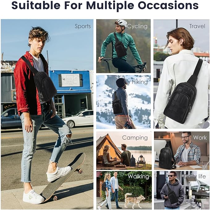 LeeRong Fingerprint Unlock Anti Theft Proof Crossbody Bag Men for Travel Genuine Leather Purse Waterproof Large Sling Bag for Men Multi-pocket Black Backpack