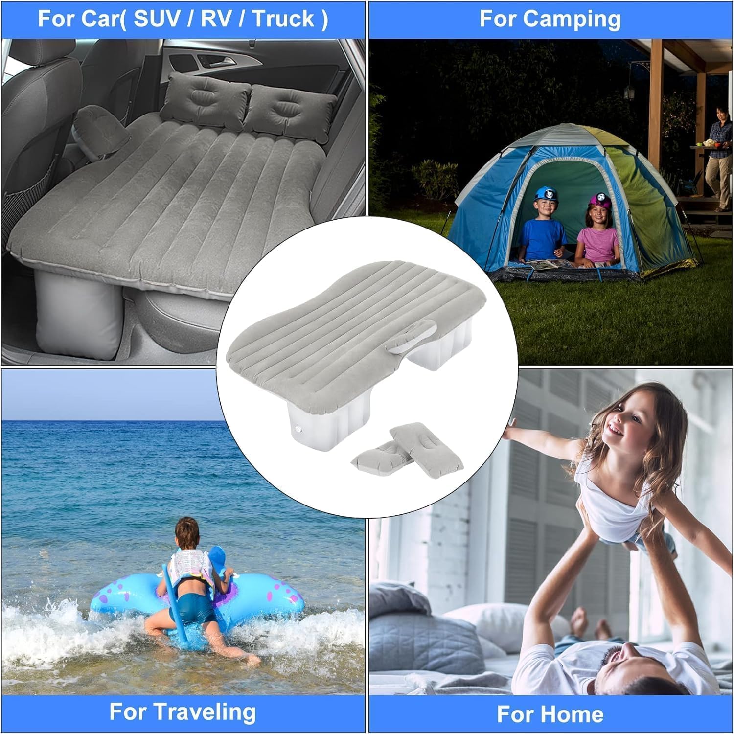 QUEES B03 Inflatable Car Air Bed with Electric Pump and Pillows - Portable Back Seat Mattress