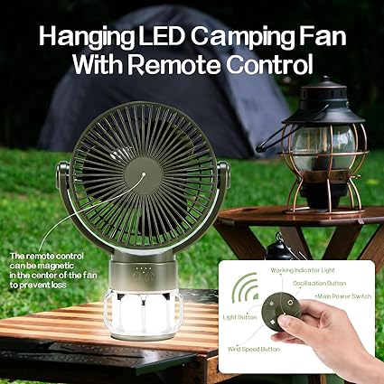 ADAK New Arrival 20000mAh Portable Camping Fan with LED Lantern - Battery Powered Fan for Tents, 8H Timer, 270° Rotation, USB Rechargeable Desk
