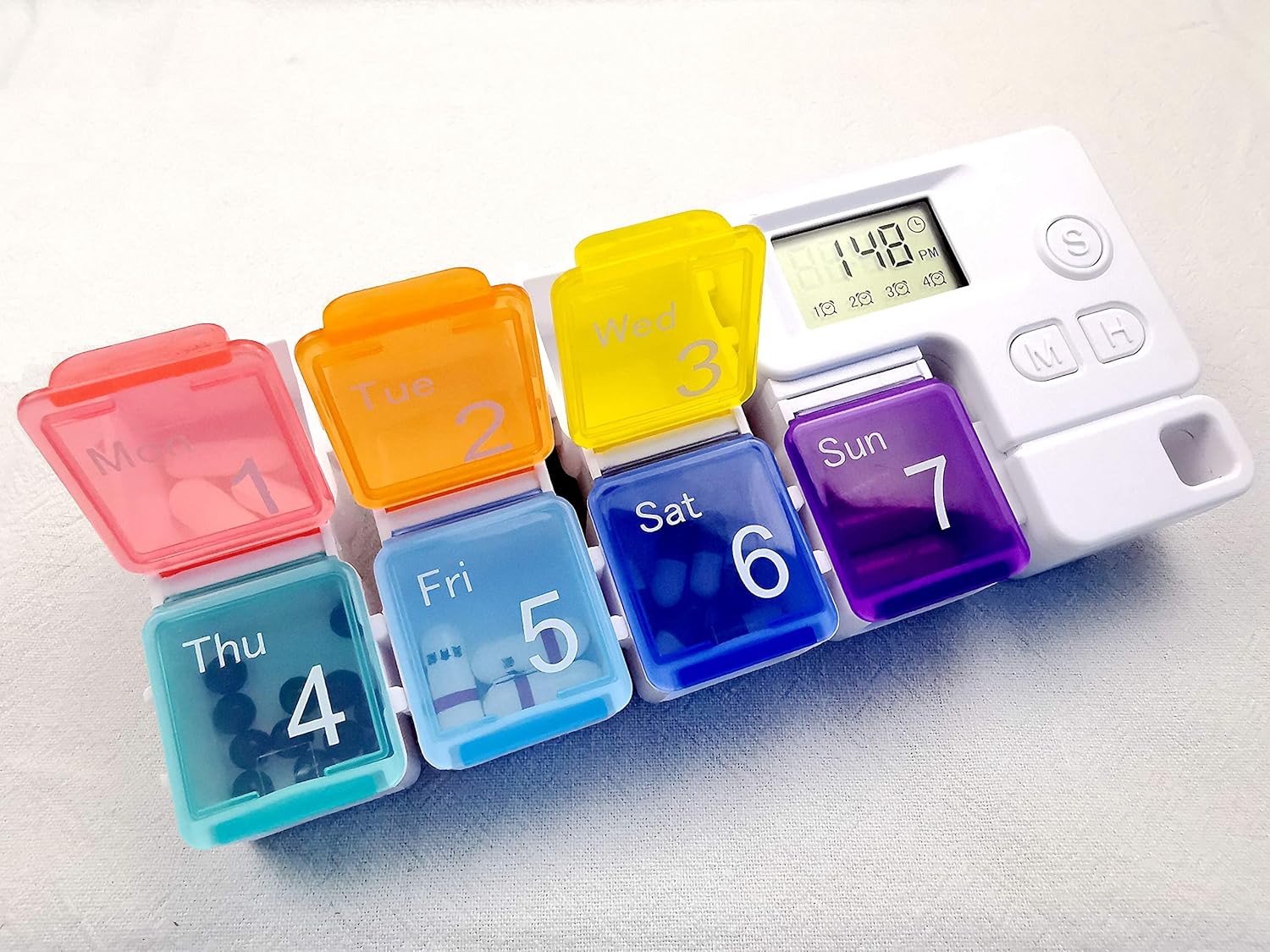 Digital Rainbow Pill Organizer with Alarm Timer; Never Miss a Dose! Smart 7-Day Medication Reminder for Seniors, Athletes, and Travel.