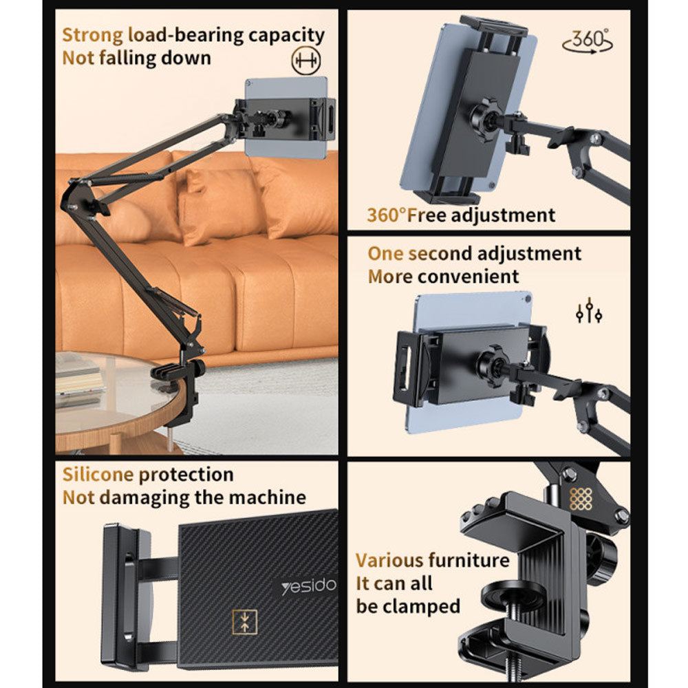 Multi Adjustable Lazy Stand - Aluminum Alloy Desktop Holder for Tablets and Phones with Dual Slot Clamp, 3KG Heavy Metal Base