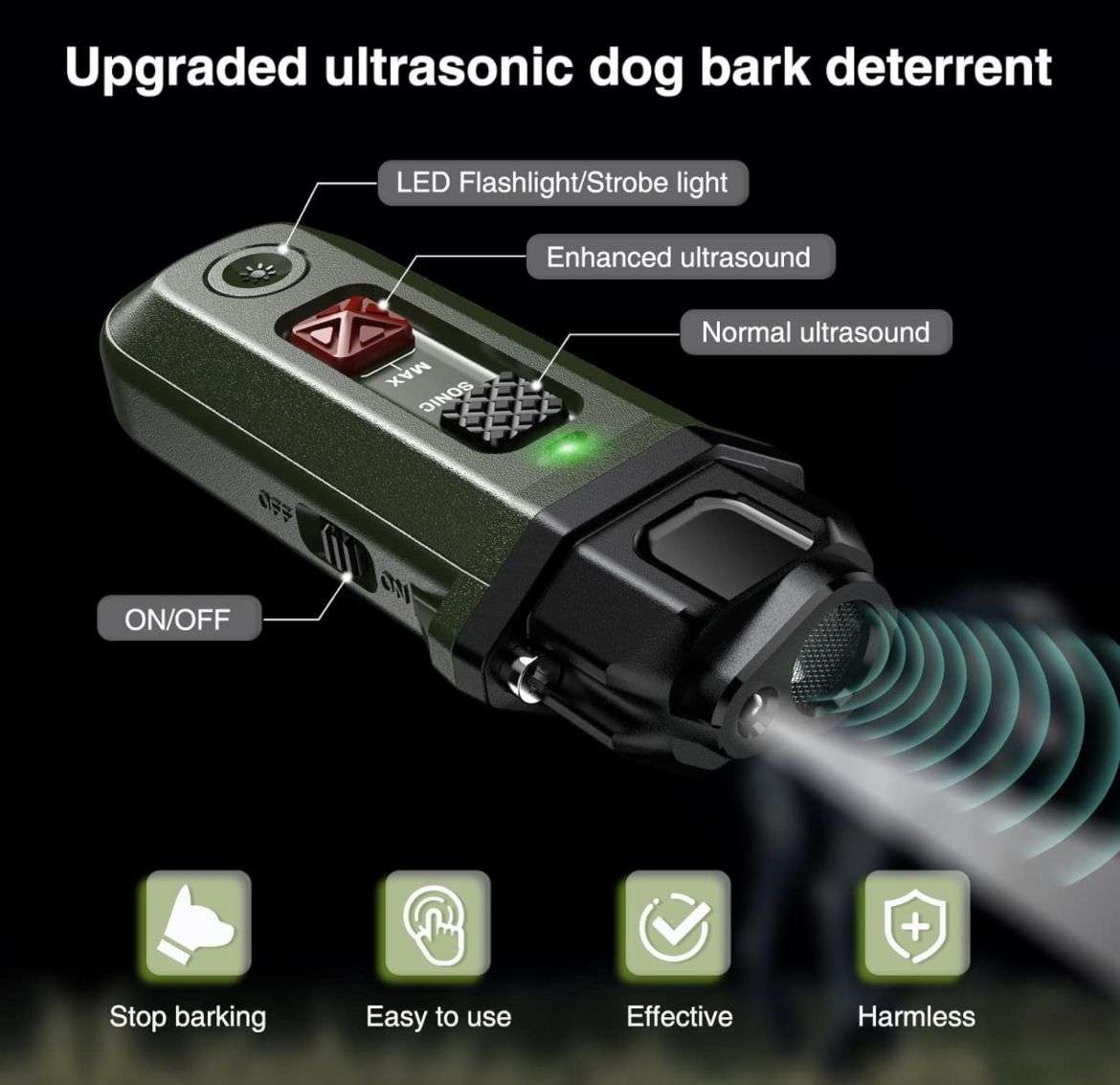 Dog Barking Control Devices – Enhanced Ultrasonic Rechargeable Anti-Barking Device with LED Strobe Light, Handheld Dog