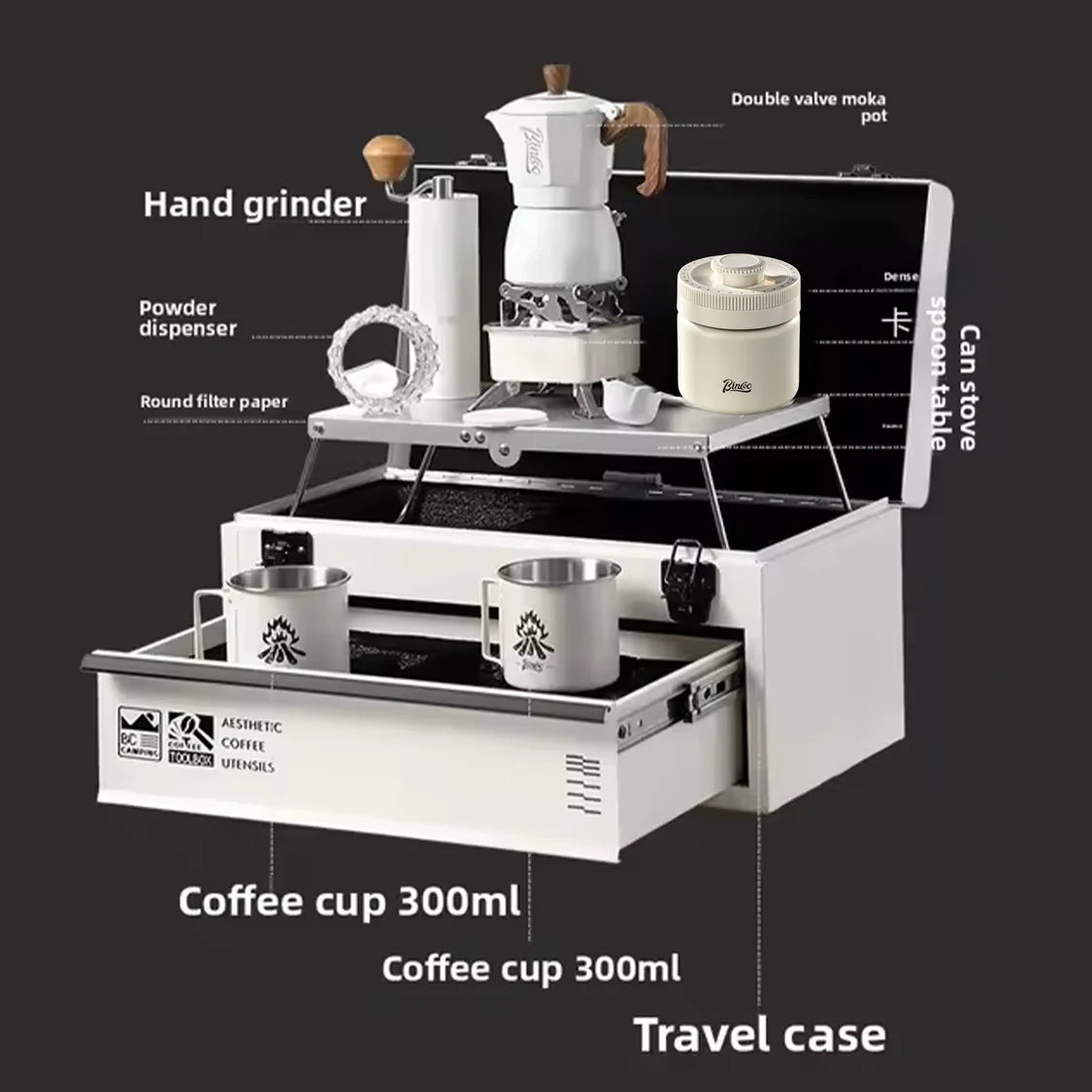 BINCOO 11-Piece Outdoor Coffee Set – Portable Double-Layer Aluminum Box for Espresso