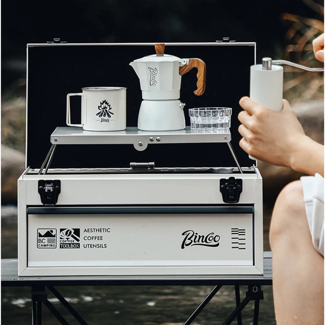 BINCOO 11-Piece Outdoor Coffee Set – Portable Double-Layer Aluminum Box for Espresso