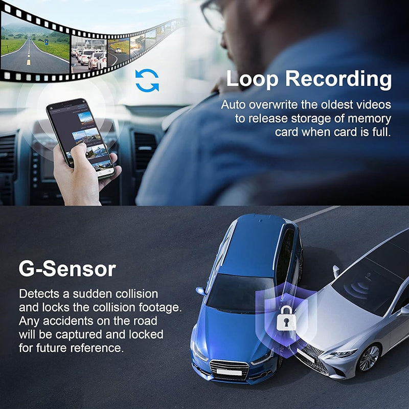 4K Dual Dash Camera Driving Recorder | High-Resolution Front and Rear Dash Cam with Night Vision, G-Sensor, Loop Recording, and 2 Inch IPS Screen