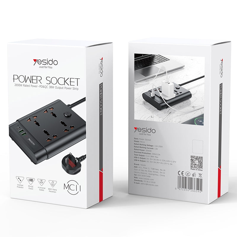 Yesido MC11 Multi-functional Power Socket - 4 Plugs, PD 20W + 2 QC3.0 Ports, Max 2650W, 2 Meter Long (UK Plug)