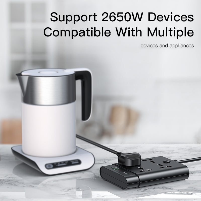 Yesido MC11 Multi-functional Power Socket - 4 Plugs, PD 20W + 2 QC3.0 Ports, Max 2650W, 2 Meter Long (UK Plug)