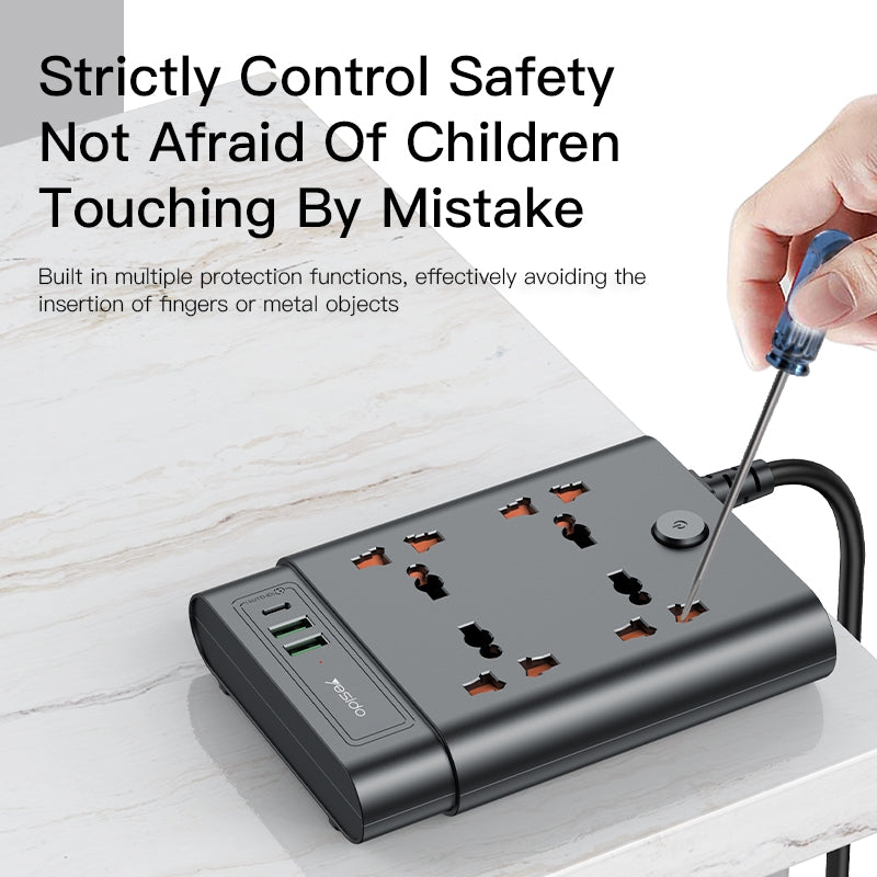 Yesido MC11 Multi-functional Power Socket - 4 Plugs, PD 20W + 2 QC3.0 Ports, Max 2650W, 2 Meter Long (UK Plug)