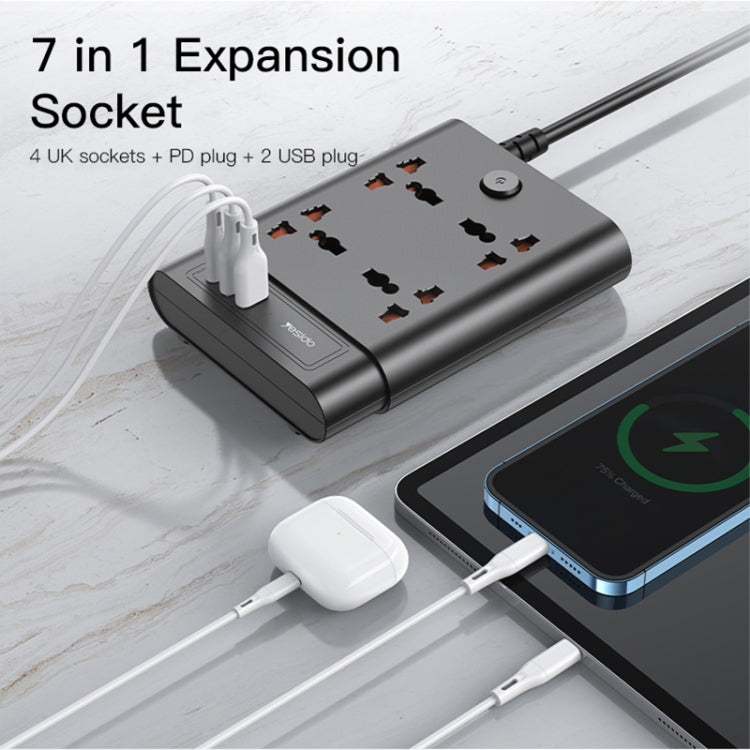 Yesido MC11 Multi-functional Power Socket - 4 Plugs, PD 20W + 2 QC3.0 Ports, Max 2650W, 2 Meter Long (UK Plug)