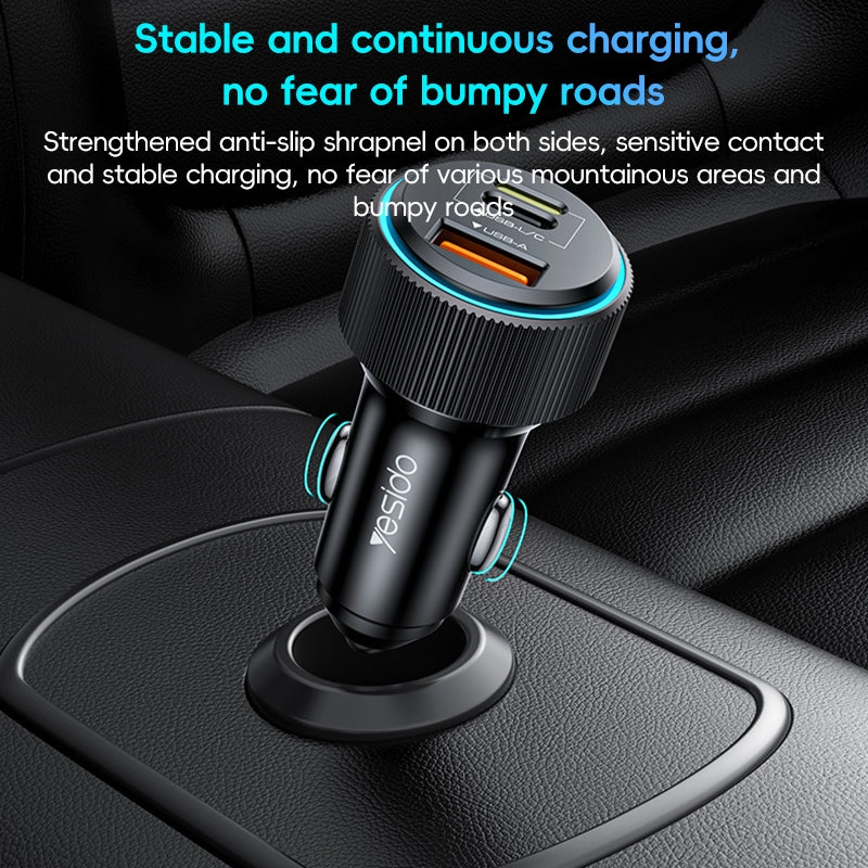 Yesido Y60 38W Car Fast Charger - Dual Port PD20W + QC18W, Aluminum Alloy + PC, Universal 12V-24V, Multiple Protections, Ring Indicator Light, Black