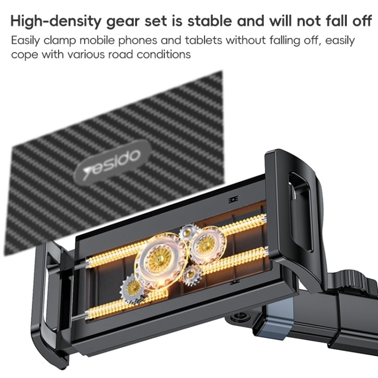 Yesido C294 Telescopic Car Headrest Mount, Adjustable Folding Tablet & Phone Holder for Backseat, Universal Fit for iPad, Smartphones, and Tablets — Black