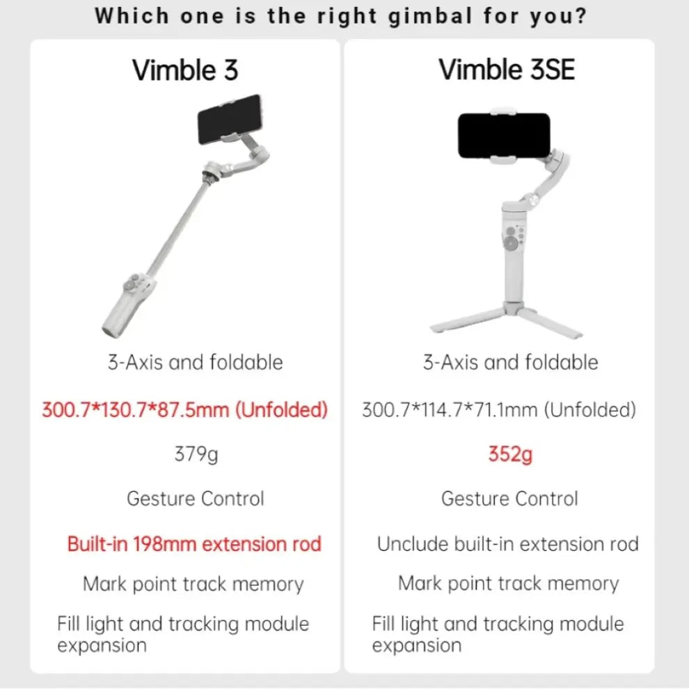 Feiyu Vimble 3, 3-Axis Gimbal Stabilizer Selfie Stick for iPhone, Samsung, Huawei - Handheld Smartphone Gimbal with Tripod