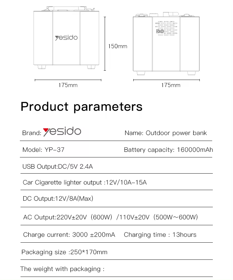 Yesido YP37 Portable Solar Power Station, 160000mAh Outdoor Energy Storage Battery for Home, Camping, and Emergency Backup