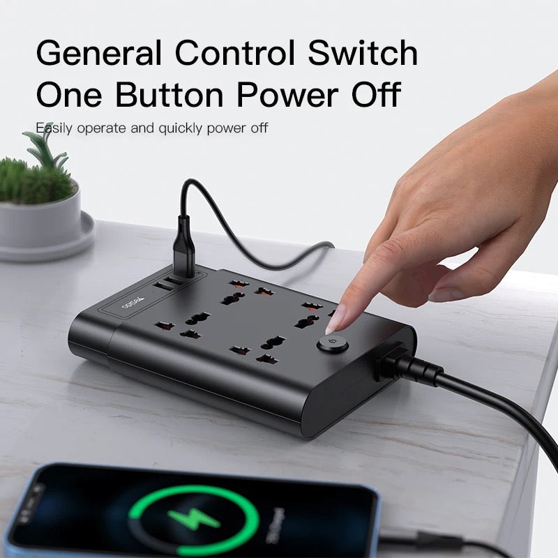 Yesido MC11 Multi-functional Power Socket - 4 Plugs, PD 20W + 2 QC3.0 Ports, Max 2650W, 2 Meter Long (UK Plug)