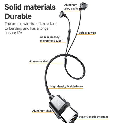 Yesido YH49 Earphones with Wired Control, Ergonomic Design, 3 Buttons, Type-C Connector - Black