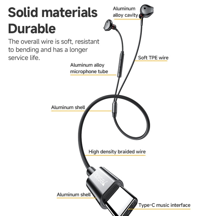 Yesido YH49 Earphones with Wired Control, Ergonomic Design, 3 Buttons, Type-C Connector - Black
