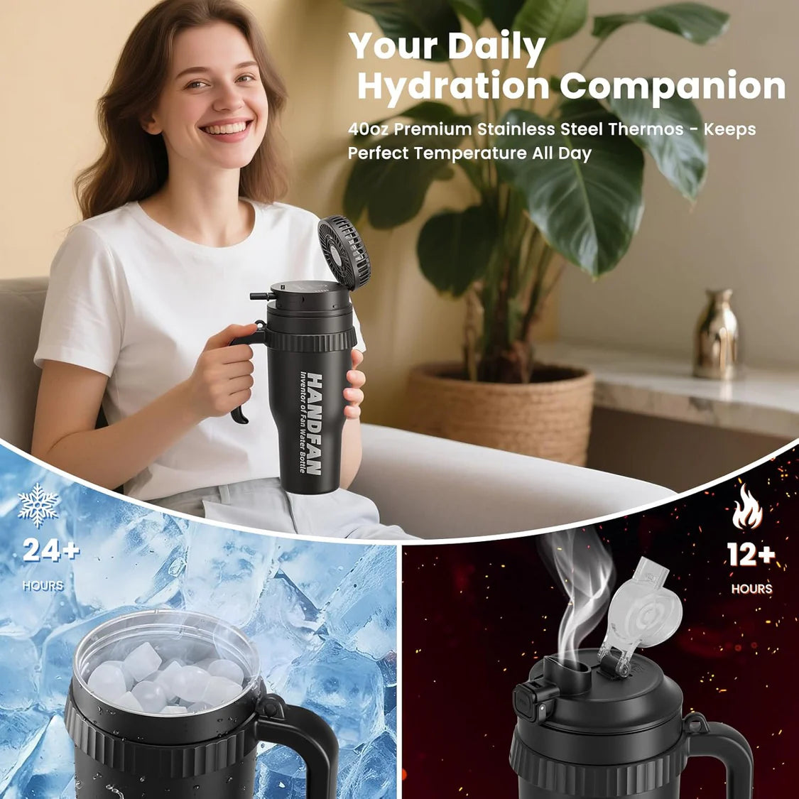 3-in-1 Insulated Sport & Gym Water Bottle with Portable Hand Fan M440 by HandFan